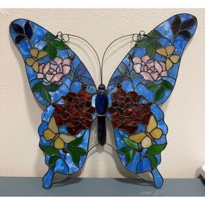 J.J. Peng Stained Glass Butterfly Wall Hanging Floral Rose Art Blue 22 Inch